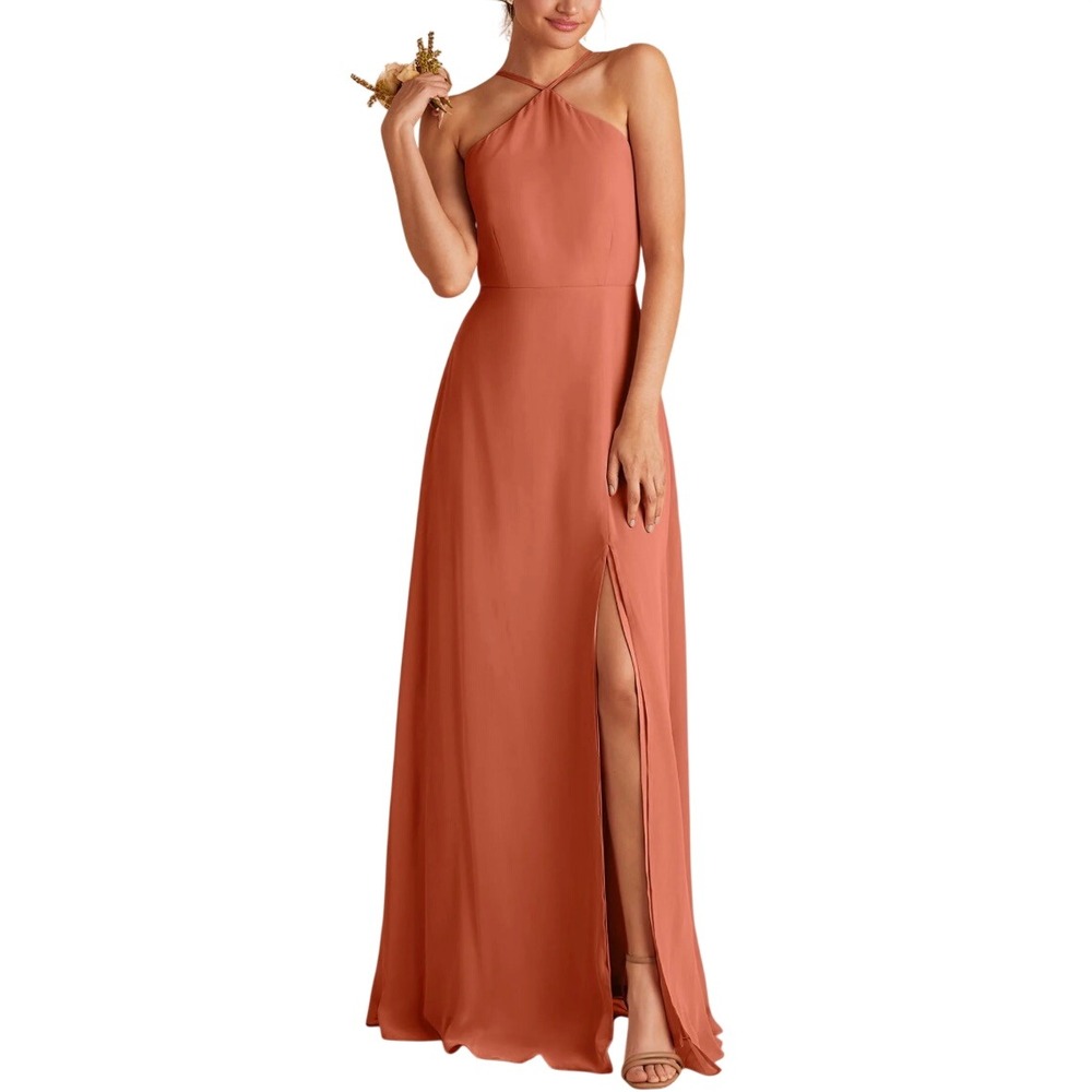 Birdy Grey Terracotta Chiffon Halter Neck Bridesmaid Formal Maxi Dress M